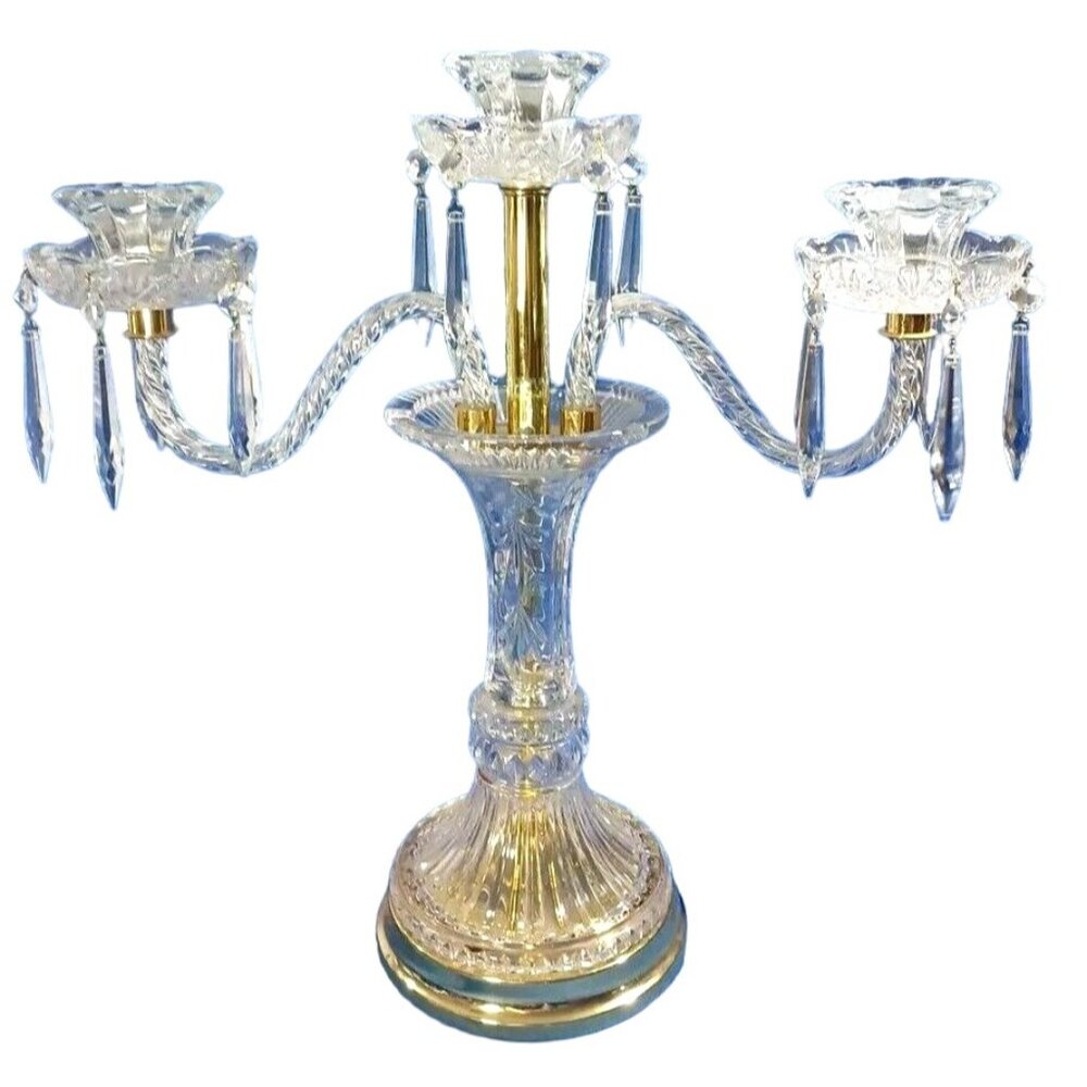 XL Cut Crystal 3 Arm Candlestick Candelabra Prisms Hollywood Regency MCM Brass - Picture 4 of 10